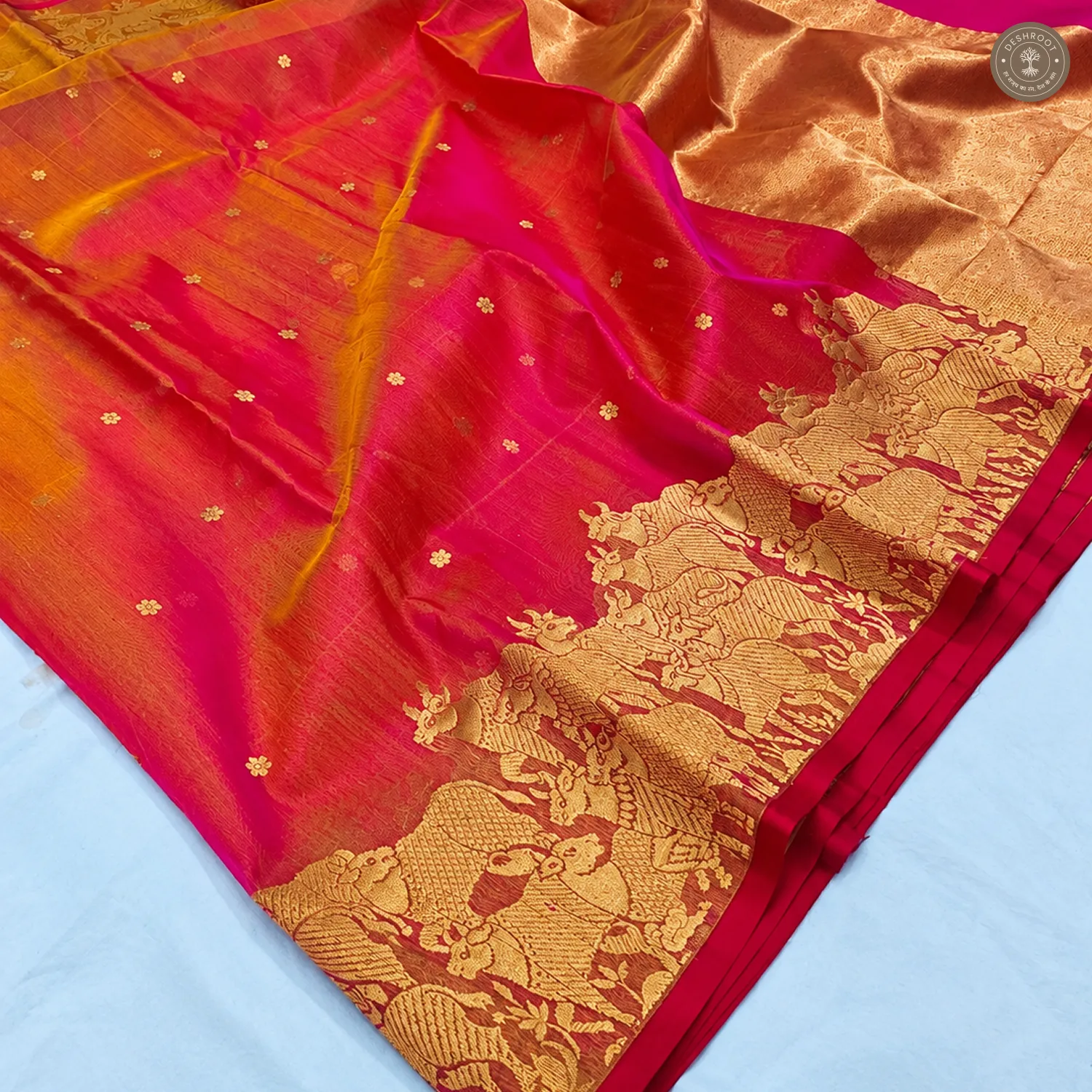 Pink-Red Shot Tone Katan Silk Saree with Wide Zari Motif Border