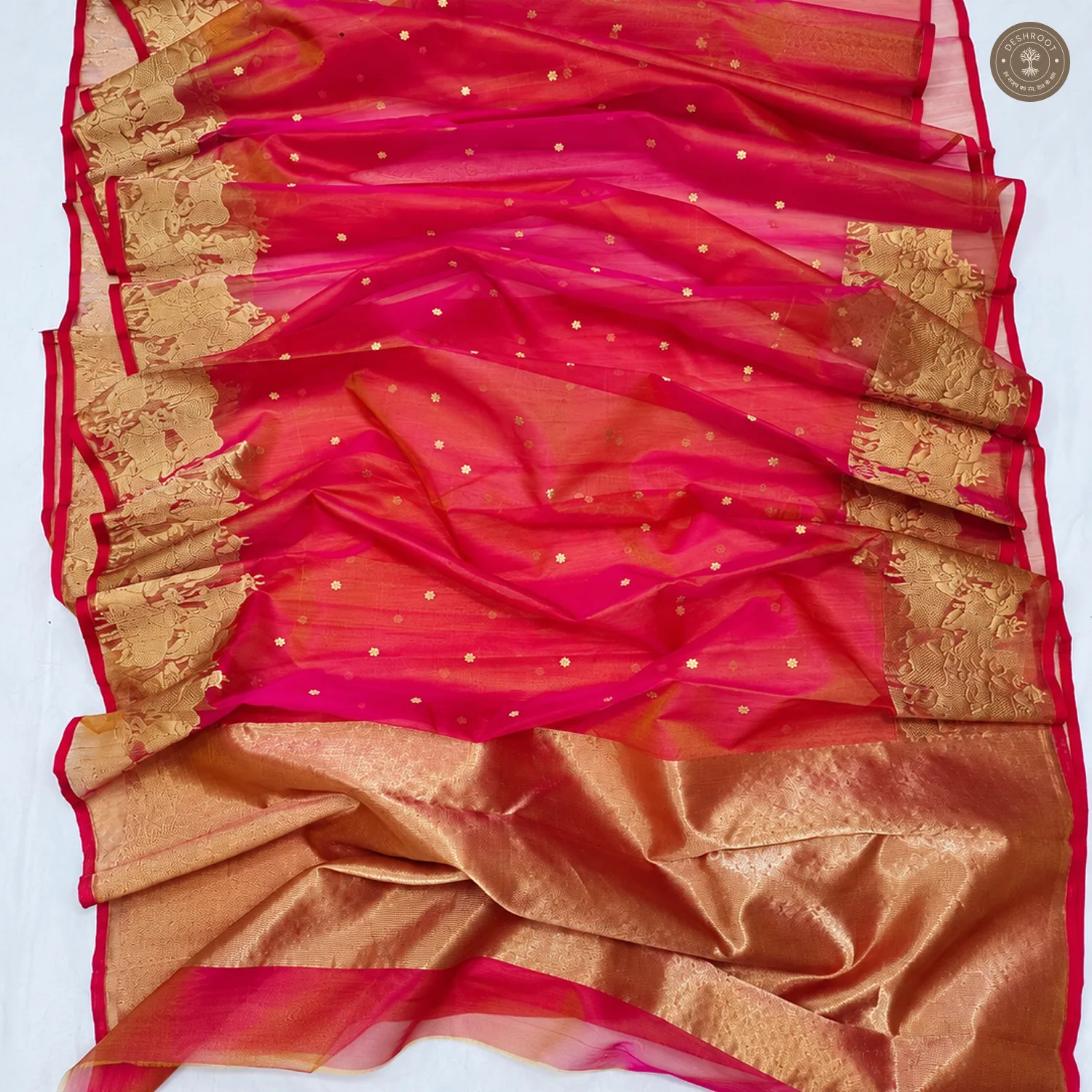 Pink-Red Shot Tone Katan Silk Saree with Wide Zari Motif Border