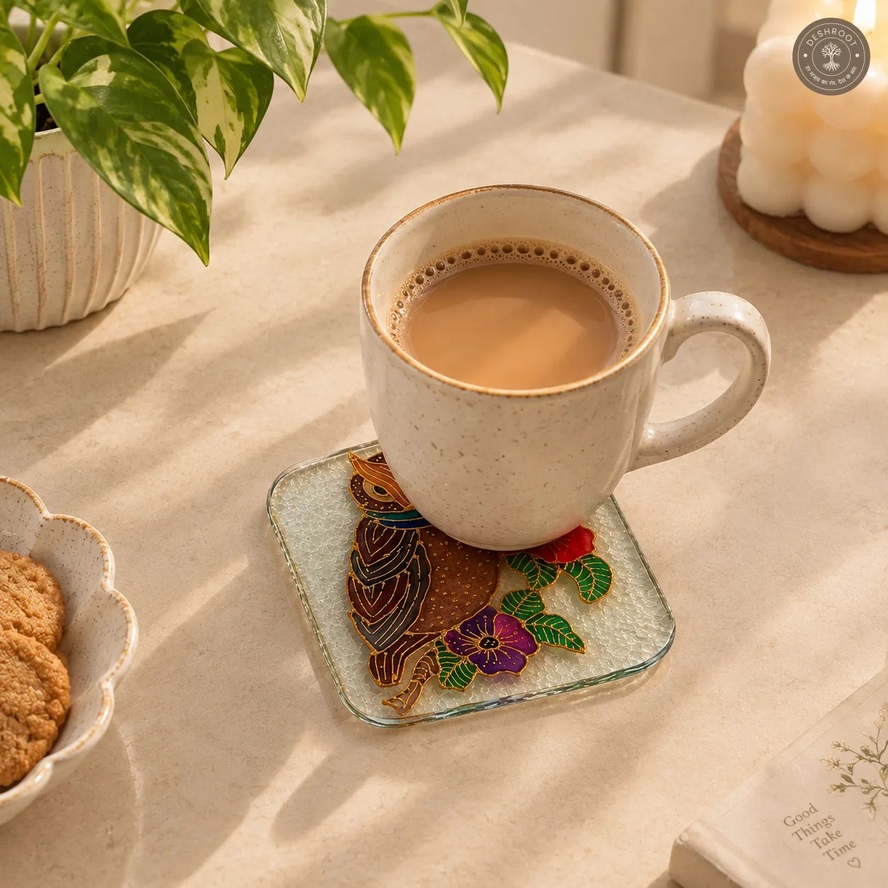 Hand Painted Owl & Floral Glass Coaster - Intricate Nature Inspired Artwork
