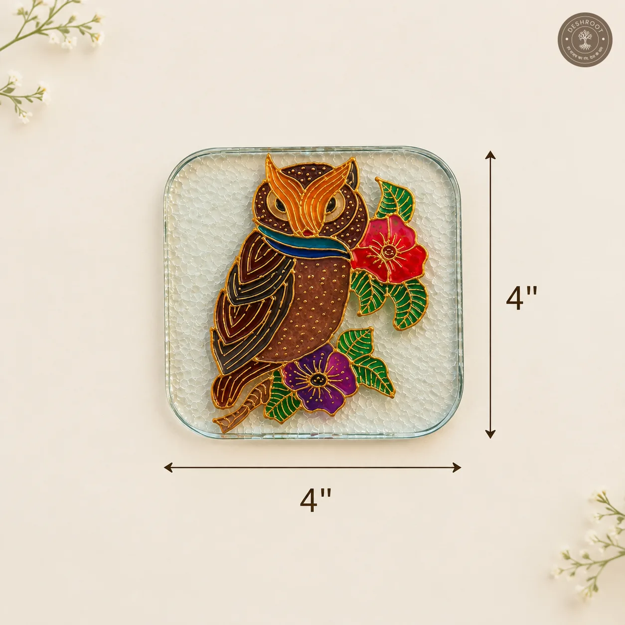 Hand Painted Owl & Floral Glass Coaster - Intricate Nature Inspired Artwork