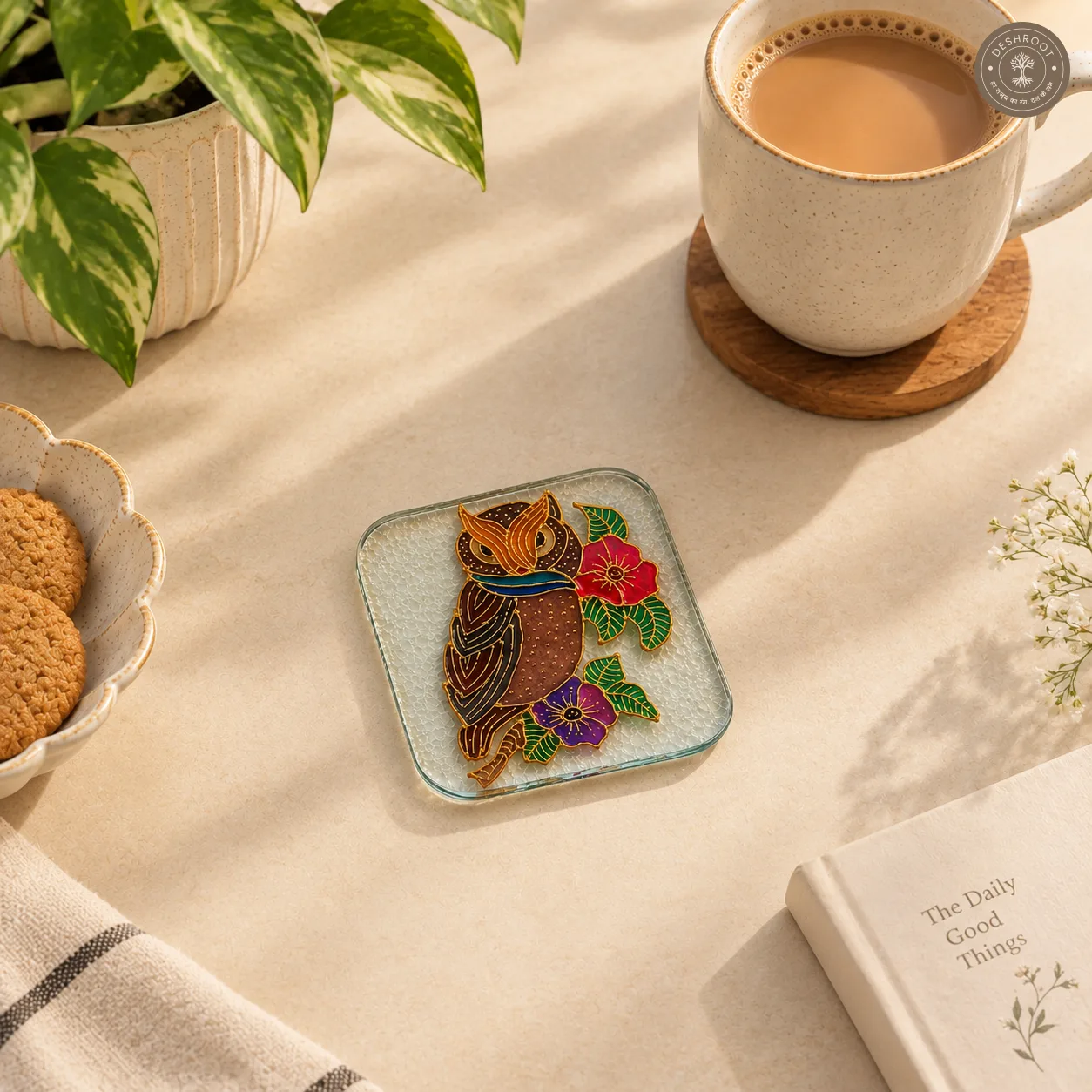 Hand Painted Owl & Floral Glass Coaster - Intricate Nature Inspired Artwork