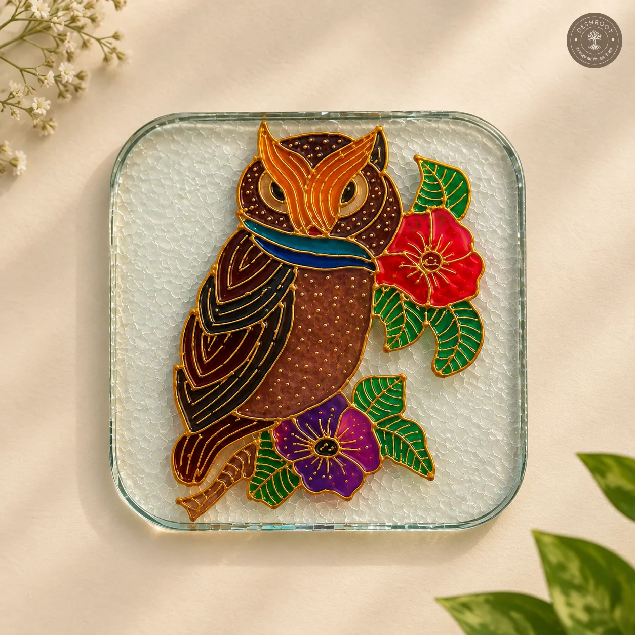 Hand Painted Owl & Floral Glass Coaster - Intricate Nature Inspired Artwork