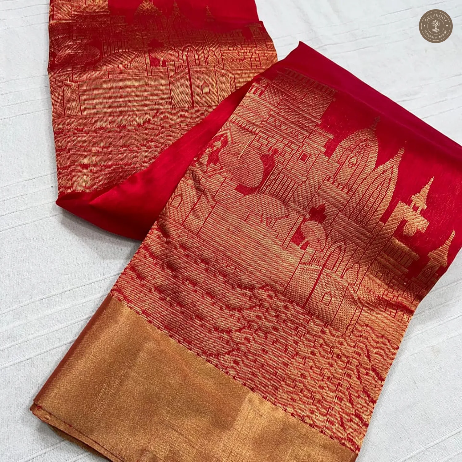 Red Soft Silk Saree with Kashi Ghat Temple Border & Contrast Pallu