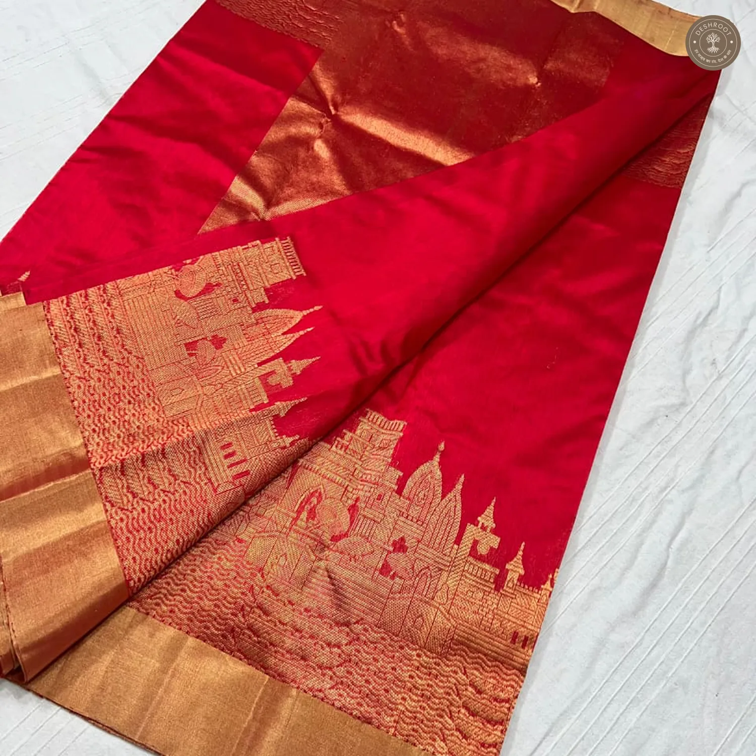 Red Soft Silk Saree with Kashi Ghat Temple Border & Contrast Pallu