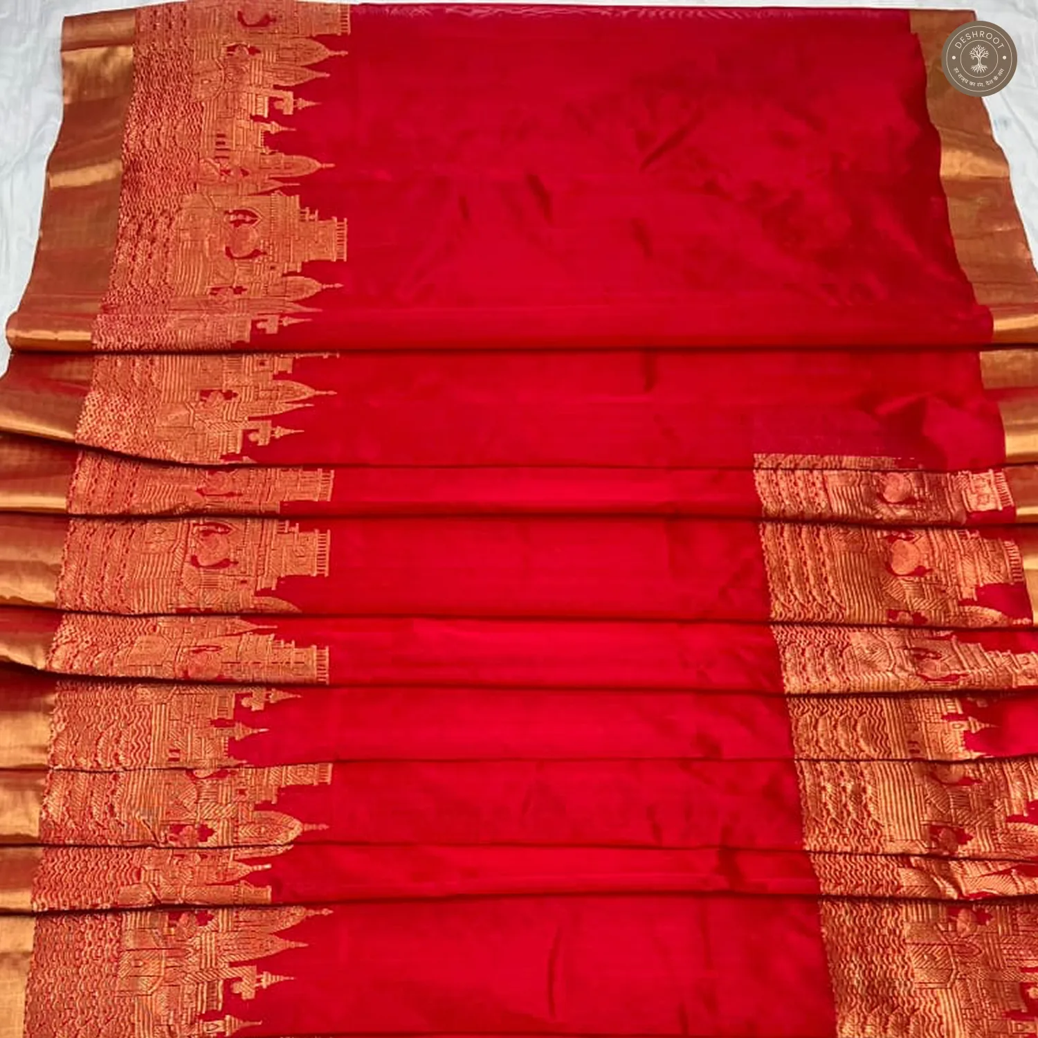 Red Soft Silk Saree with Kashi Ghat Temple Border & Contrast Pallu