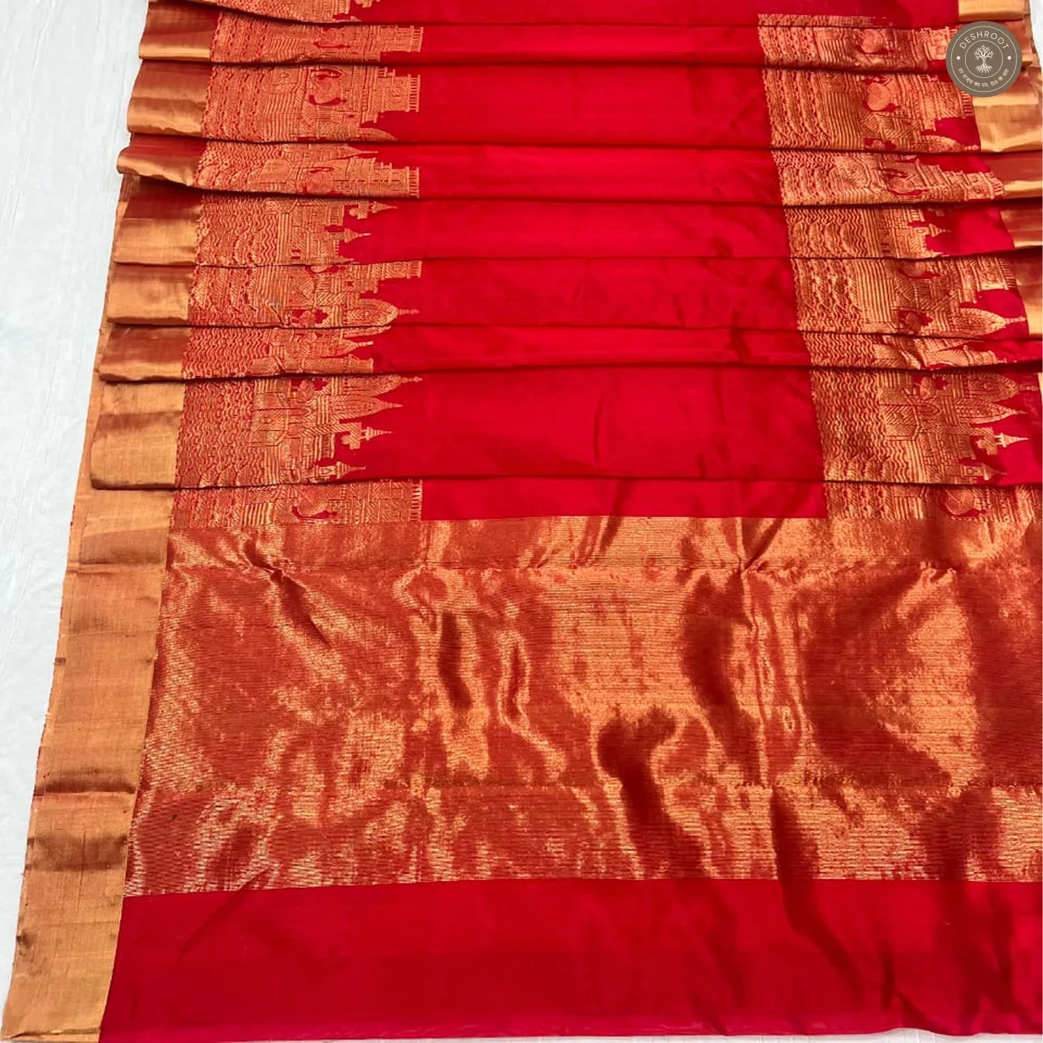 Red Soft Silk Saree with Kashi Ghat Temple Border & Contrast Pallu