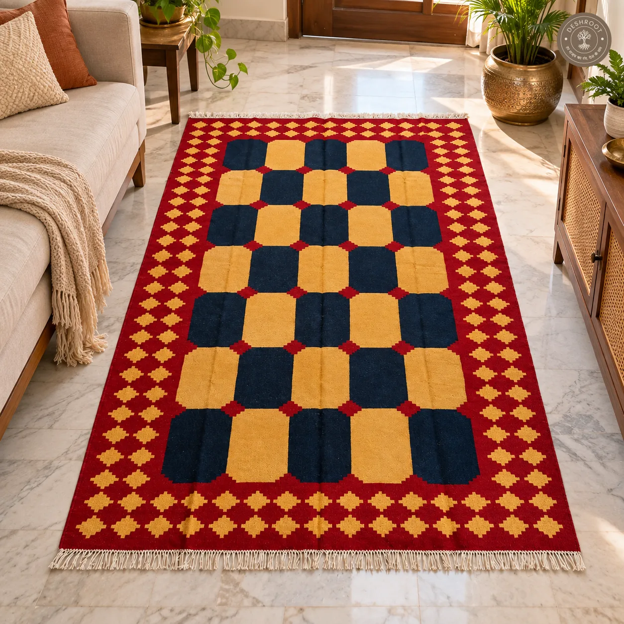 Maroon & Navy Checkerboard Geometric Handwoven Durrie