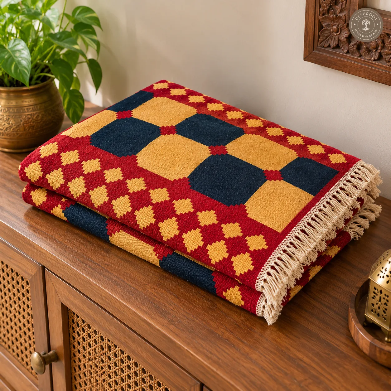 Maroon & Navy Checkerboard Geometric Handwoven Durrie