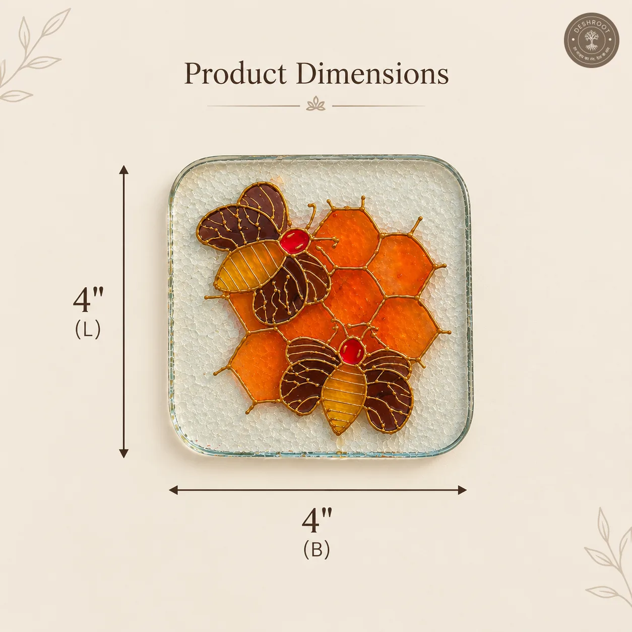 Hand Painted Honeybee Glass Coaster - Honeycomb Inspired Floral Artwork