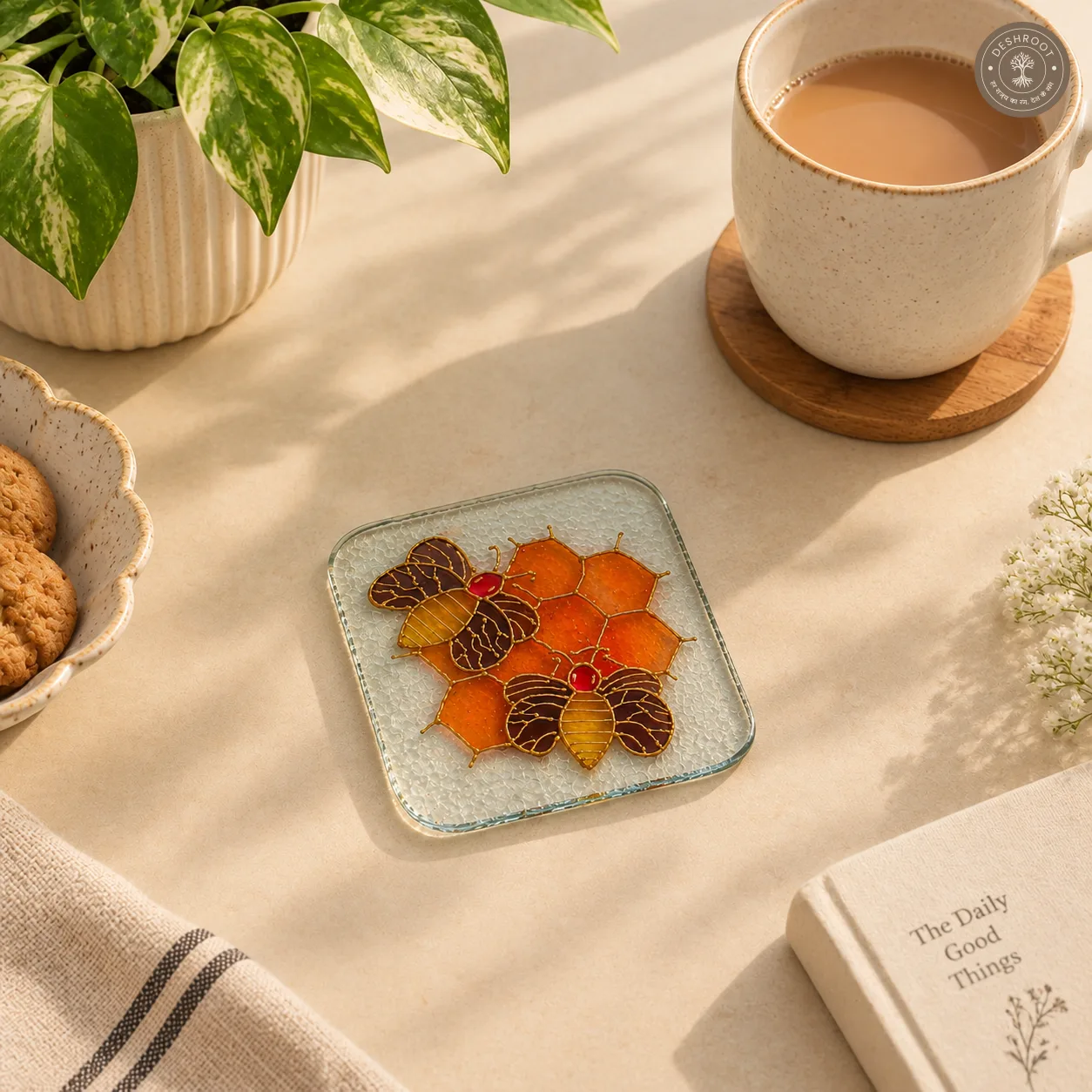 Hand Painted Honeybee Glass Coaster - Honeycomb Inspired Floral Artwork