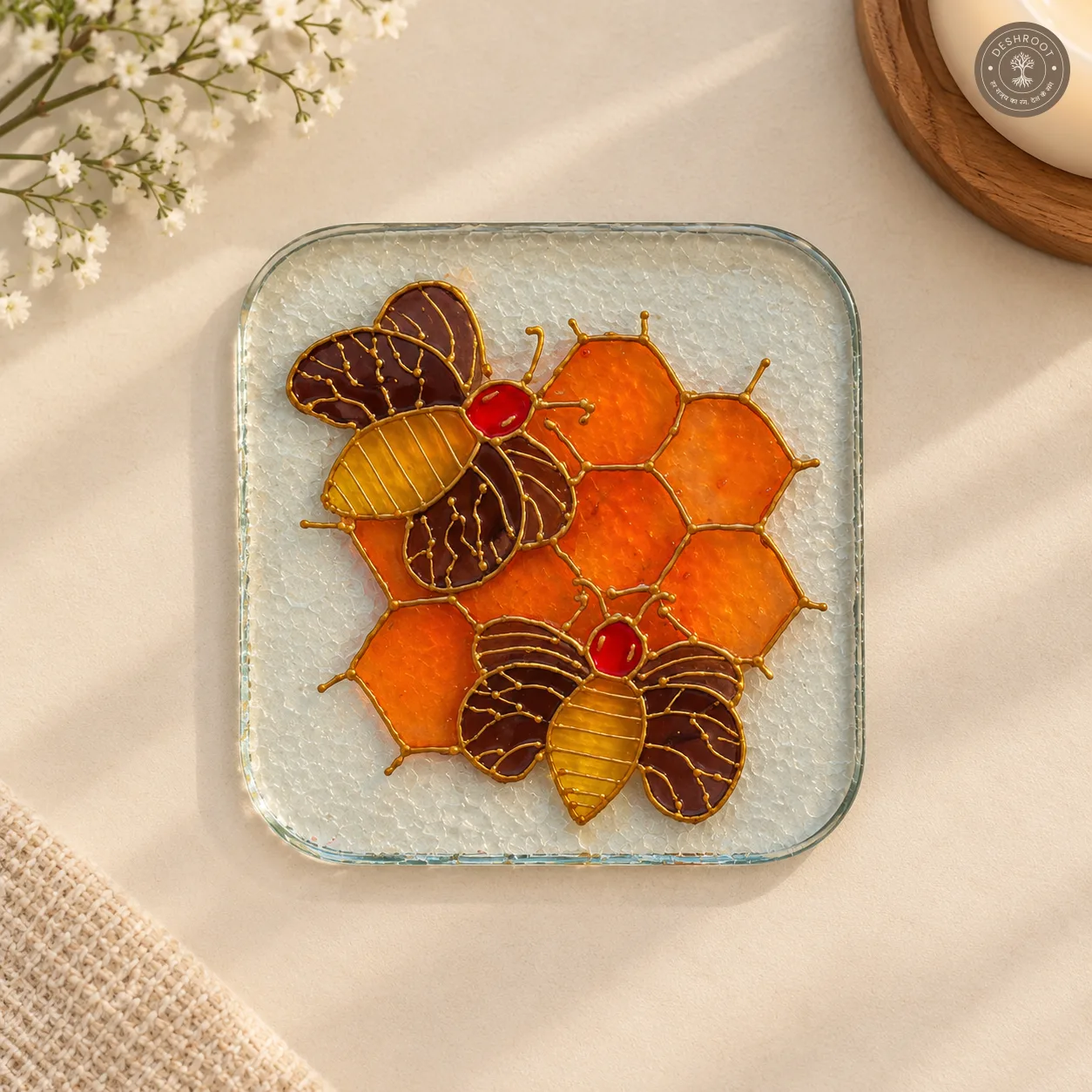 Hand Painted Honeybee Glass Coaster - Honeycomb Inspired Floral Artwork