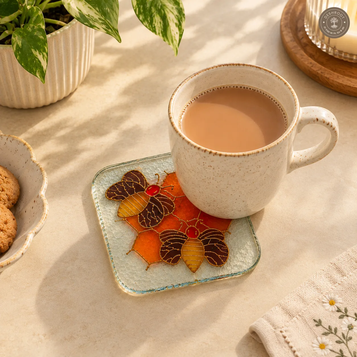 Hand Painted Honeybee Glass Coaster - Honeycomb Inspired Floral Artwork
