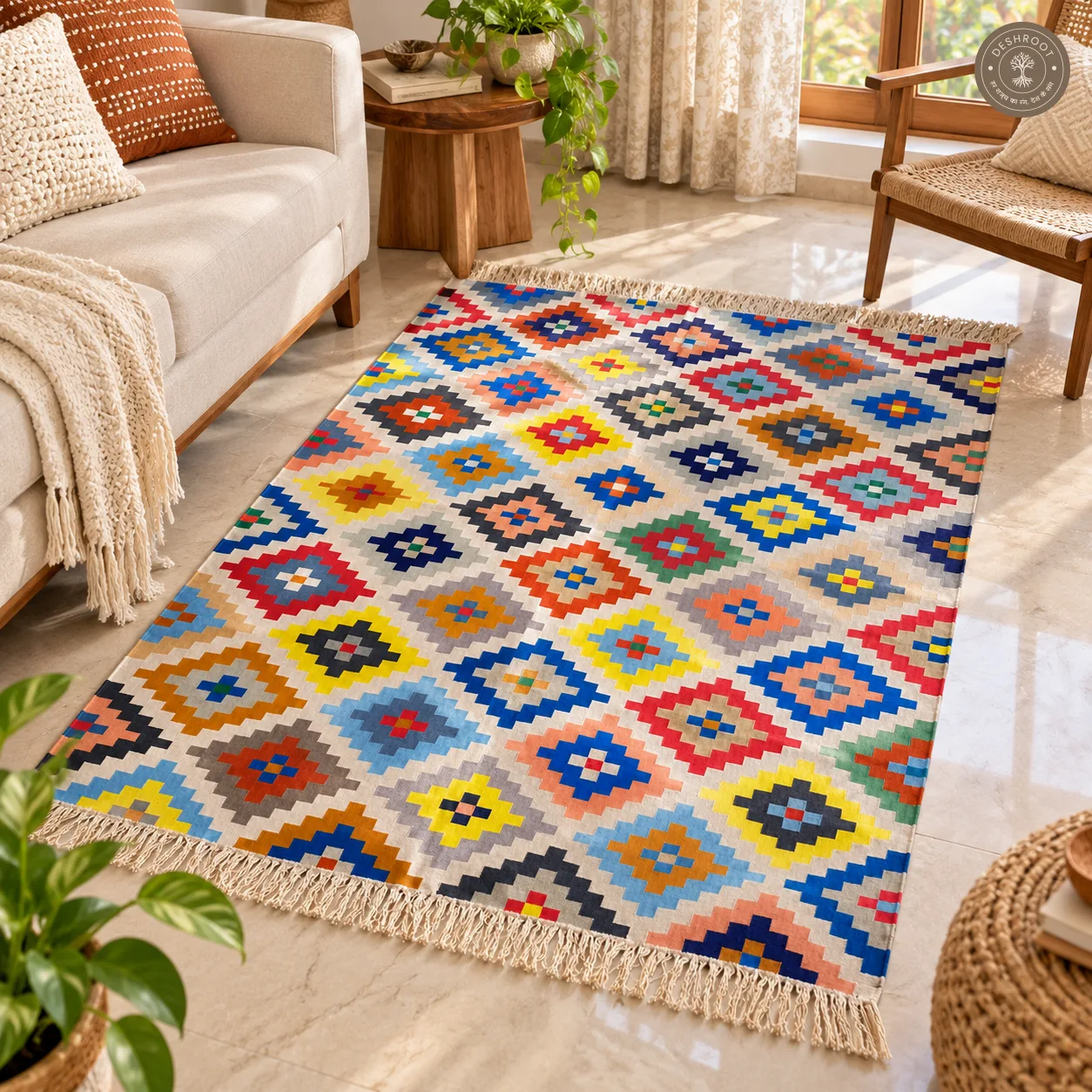Ivory Multicolour Diamond Motif Handwoven Durrie