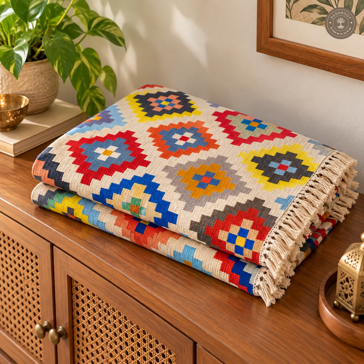 Ivory Multicolour Diamond Motif Handwoven Durrie