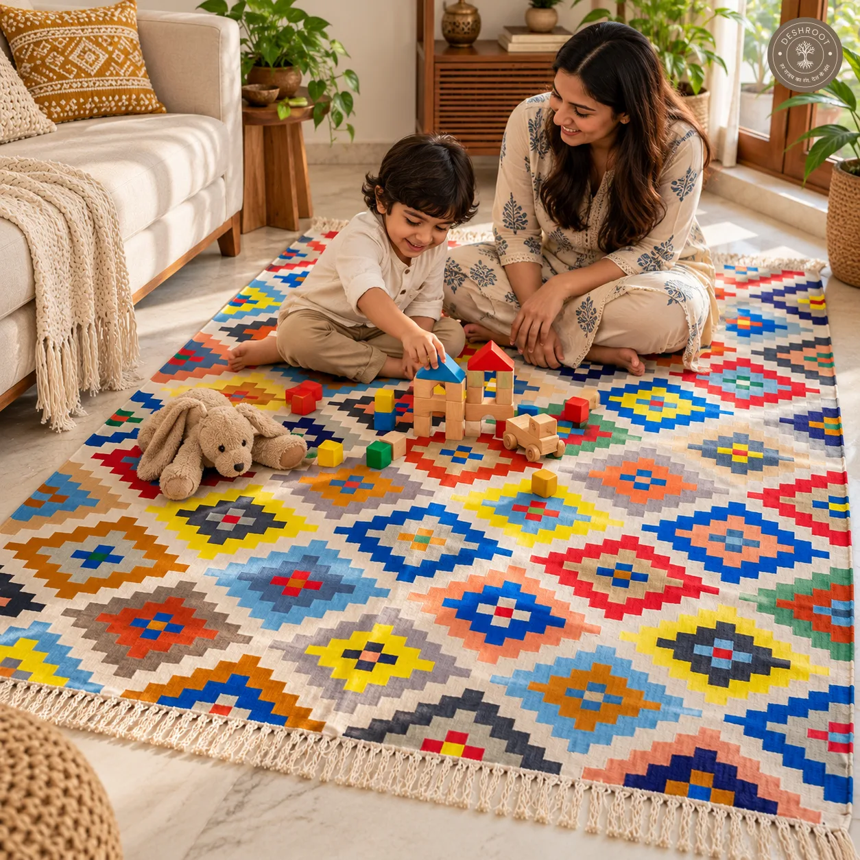 Ivory Multicolour Diamond Motif Handwoven Durrie