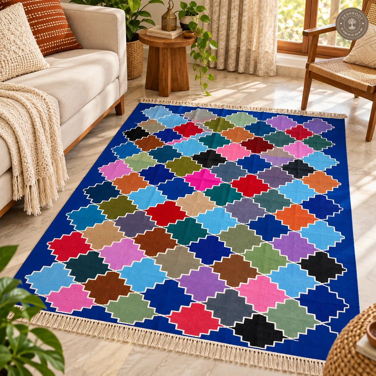 Blue Multicolour Lattice Geometric Handwoven Durrie
