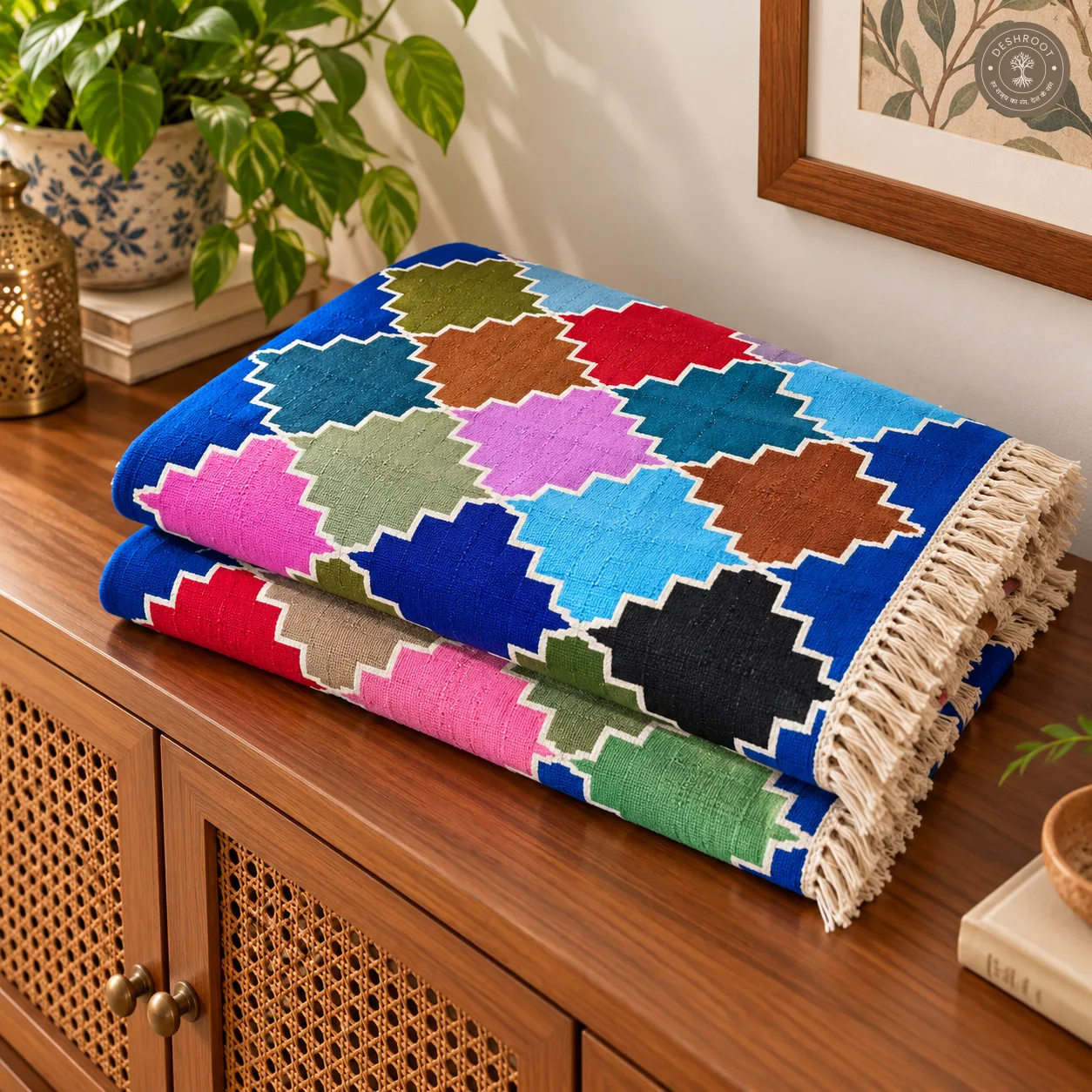 Blue Multicolour Lattice Geometric Handwoven Durrie