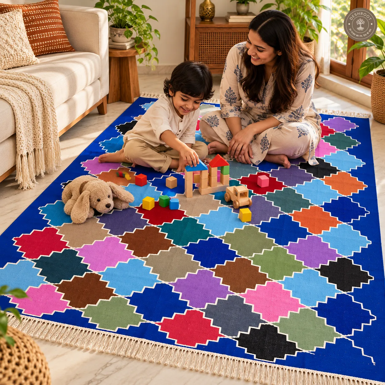 Blue Multicolour Lattice Geometric Handwoven Durrie