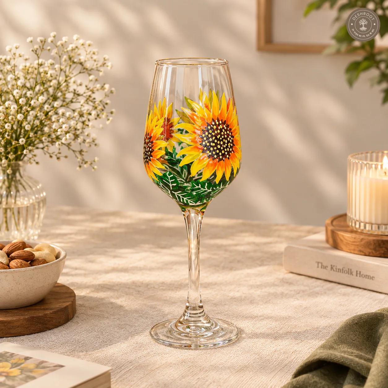 Hand Painted Sunflower Wine Glass - Vibrant Floral Botanical Artwork