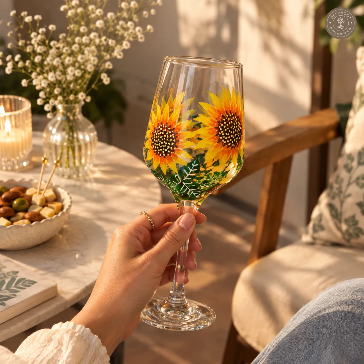 Hand Painted Sunflower Wine Glass - Vibrant Floral Botanical Artwork