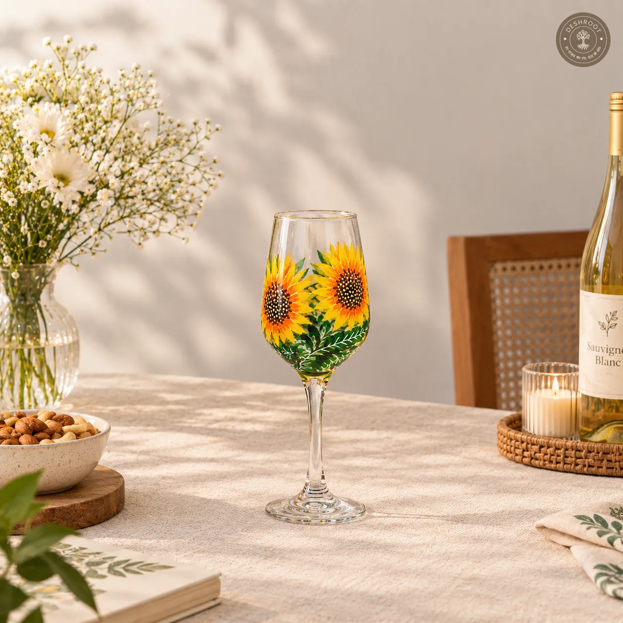 Hand Painted Sunflower Wine Glass - Vibrant Floral Botanical Artwork