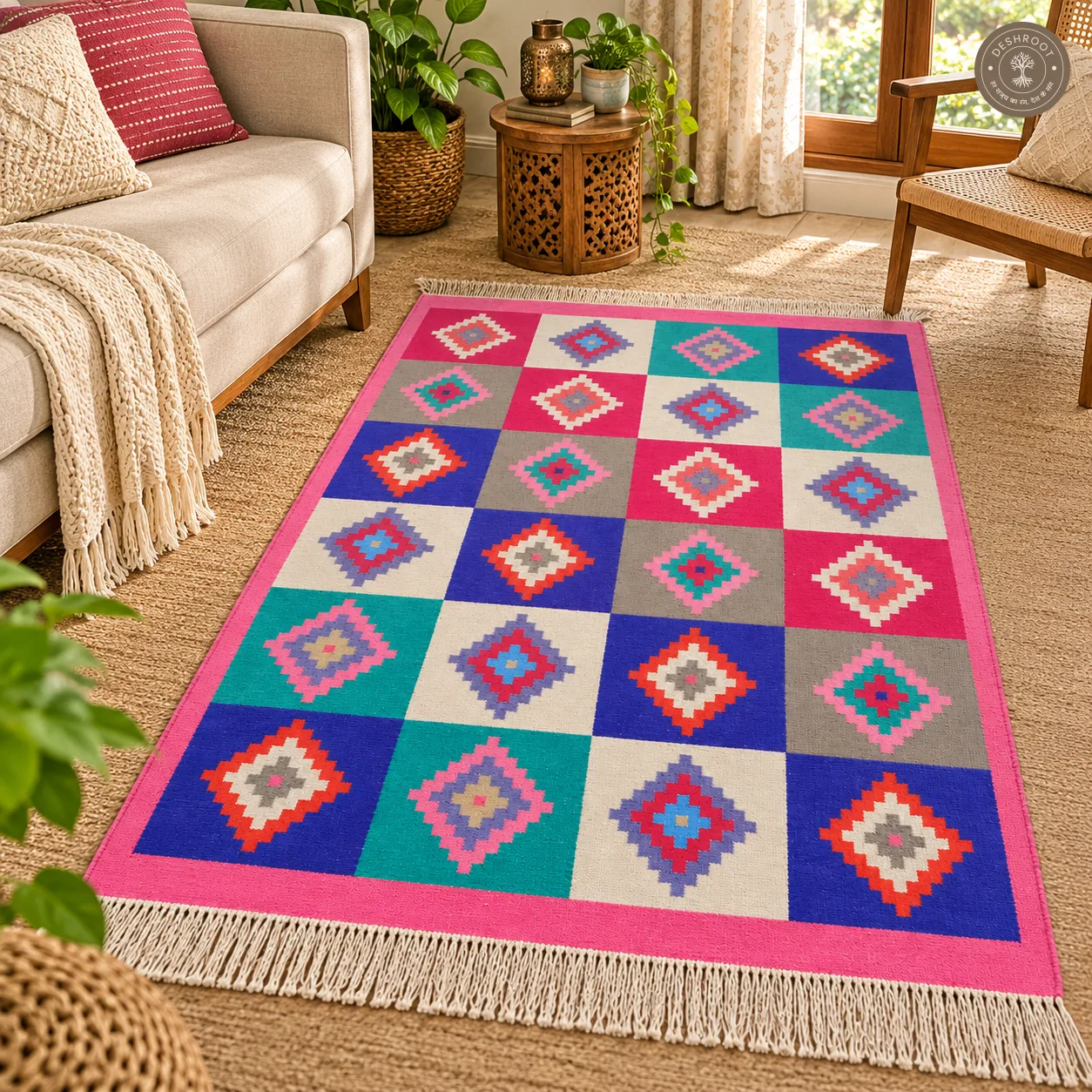 Multicolour Diamond Grid Handwoven Durrie