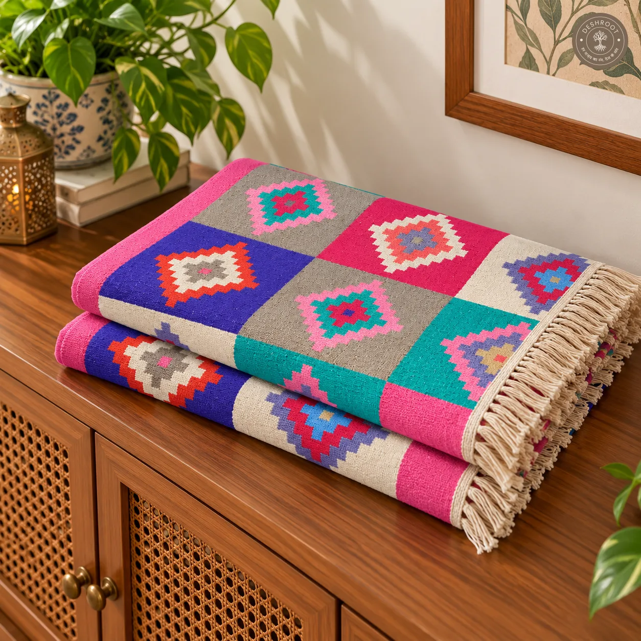 Multicolour Diamond Grid Handwoven Durrie