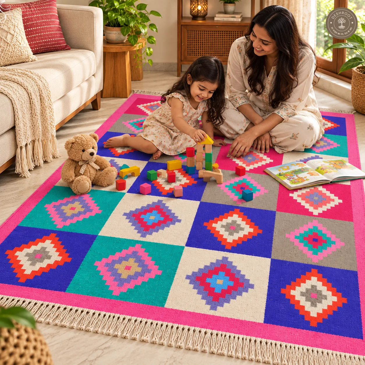 Multicolour Diamond Grid Handwoven Durrie