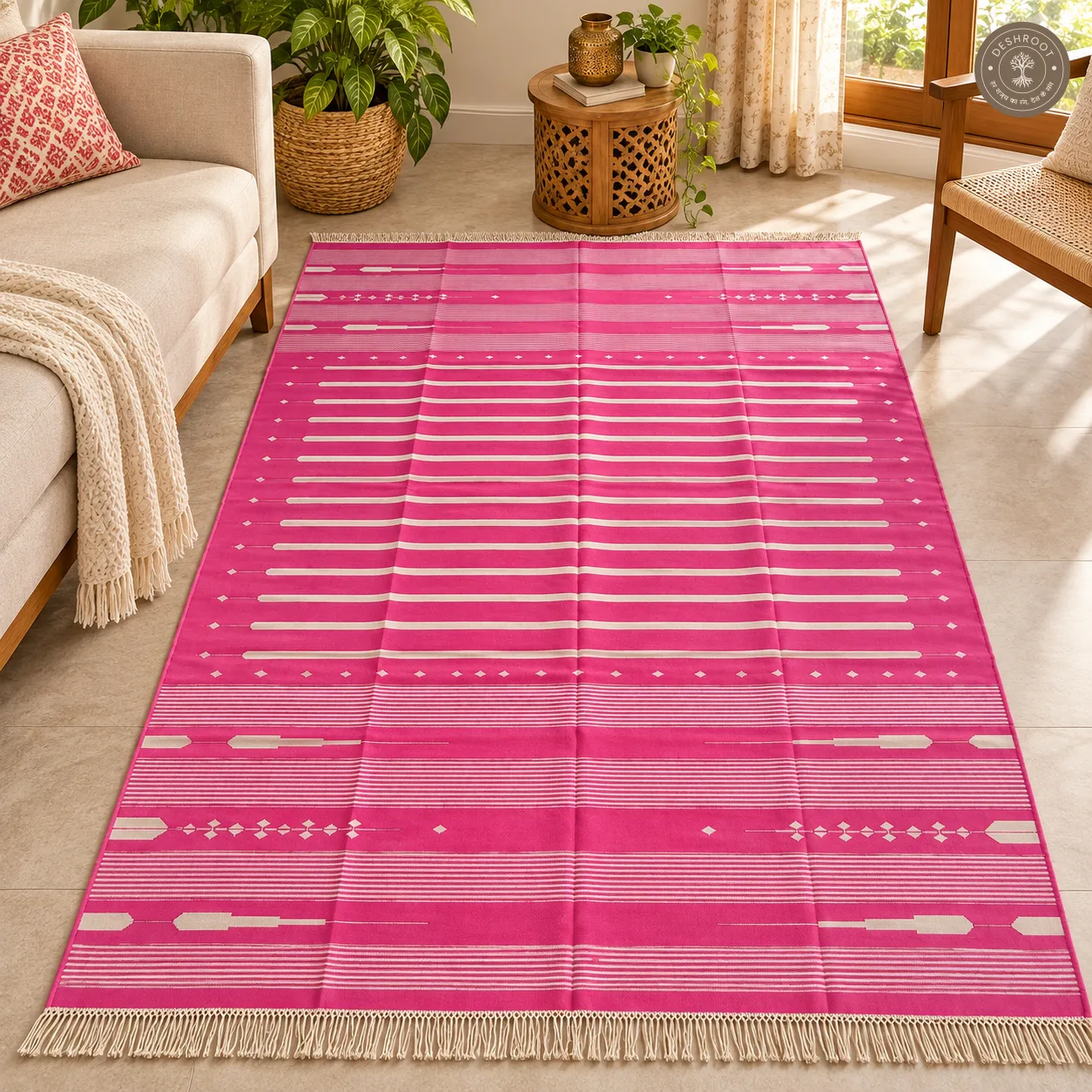 Pink & Ivory Geometric Striped Handwoven Durrie