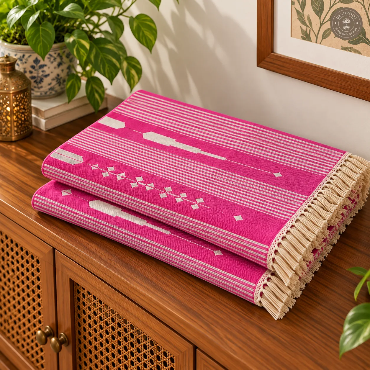 Pink & Ivory Geometric Striped Handwoven Durrie