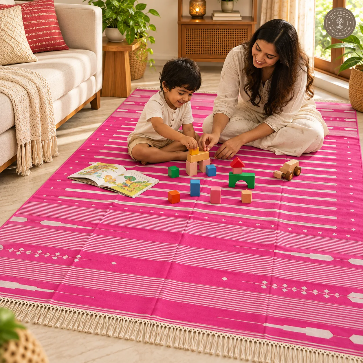 Pink & Ivory Geometric Striped Handwoven Durrie