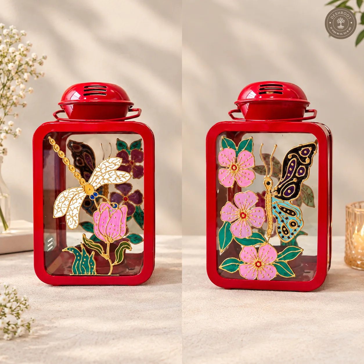 Hand Painted Red Glass Lantern with Floral & Butterfly Artwork