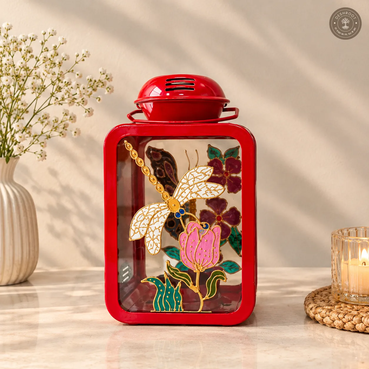 Hand Painted Red Glass Lantern with Floral & Butterfly Artwork