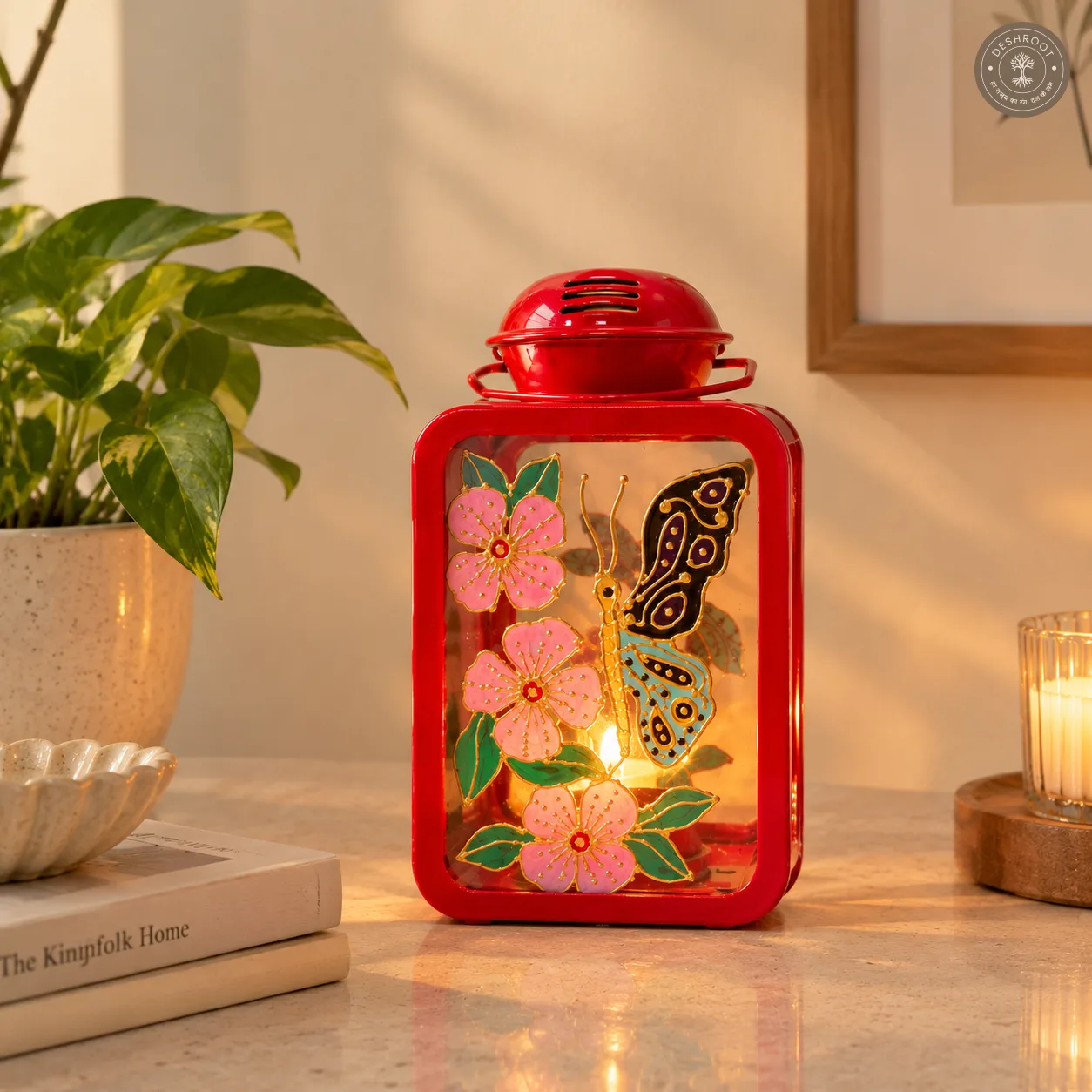 Hand Painted Red Glass Lantern with Floral & Butterfly Artwork