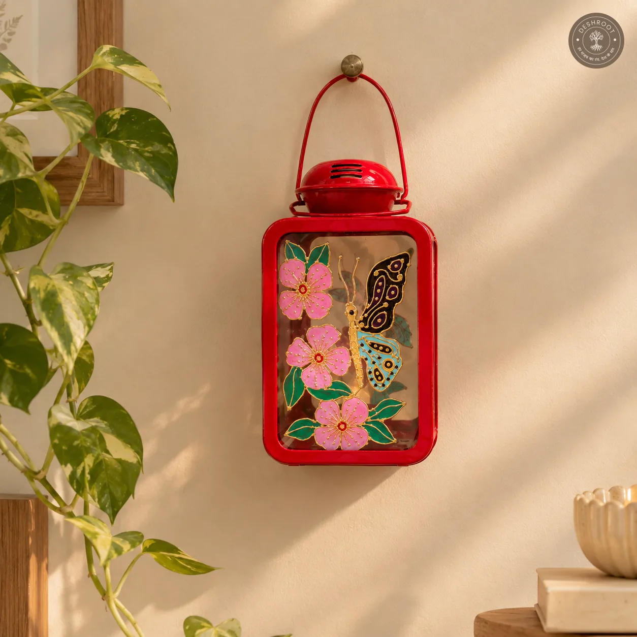 Hand Painted Red Glass Lantern with Floral & Butterfly Artwork