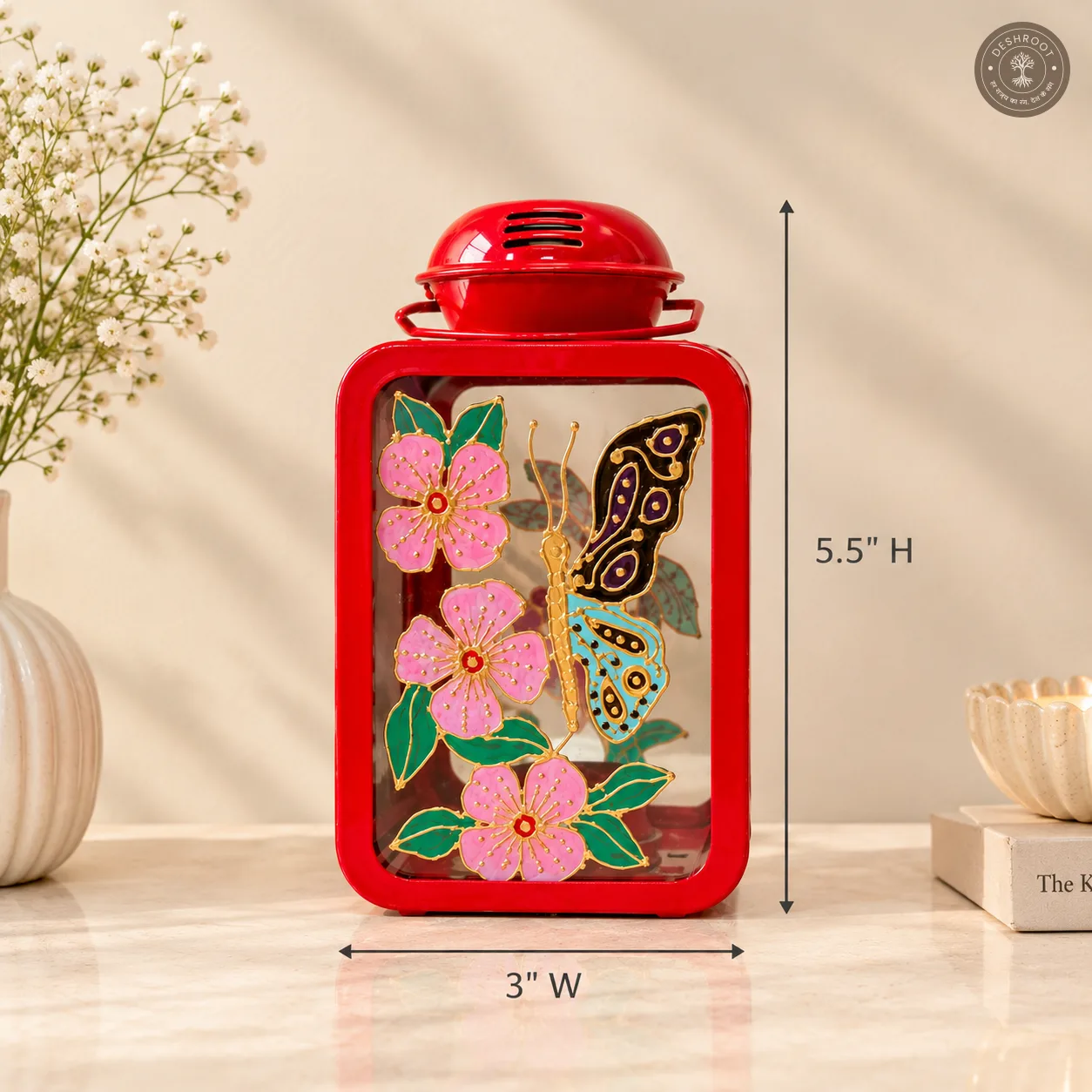 Hand Painted Red Glass Lantern with Floral & Butterfly Artwork