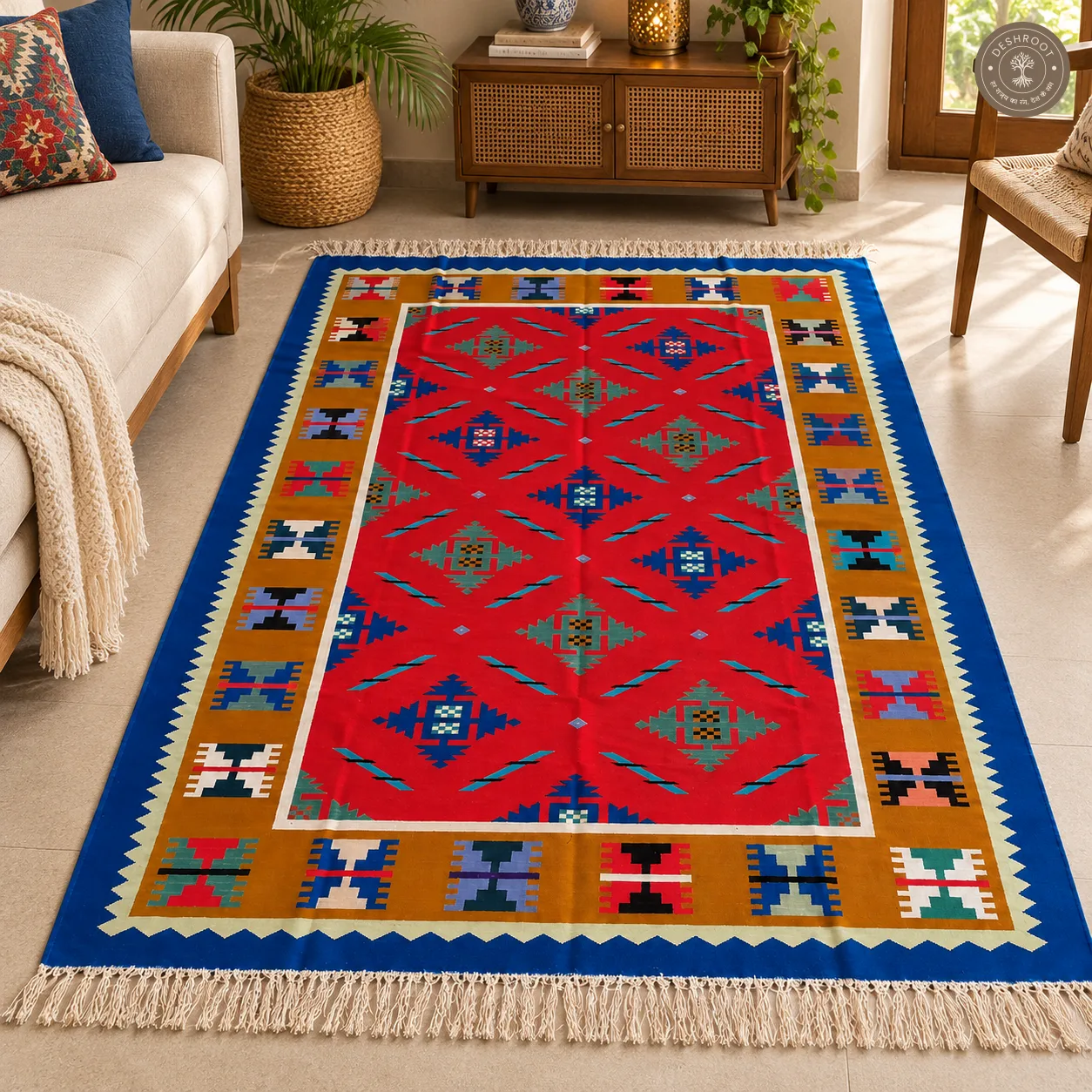 Multicolour Geometric Medallion Handwoven Durrie