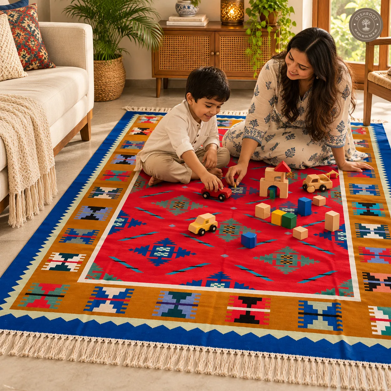 Multicolour Geometric Medallion Handwoven Durrie