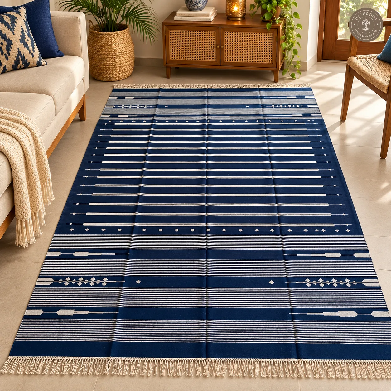 Indigo Geometric Striped Handwoven Durrie