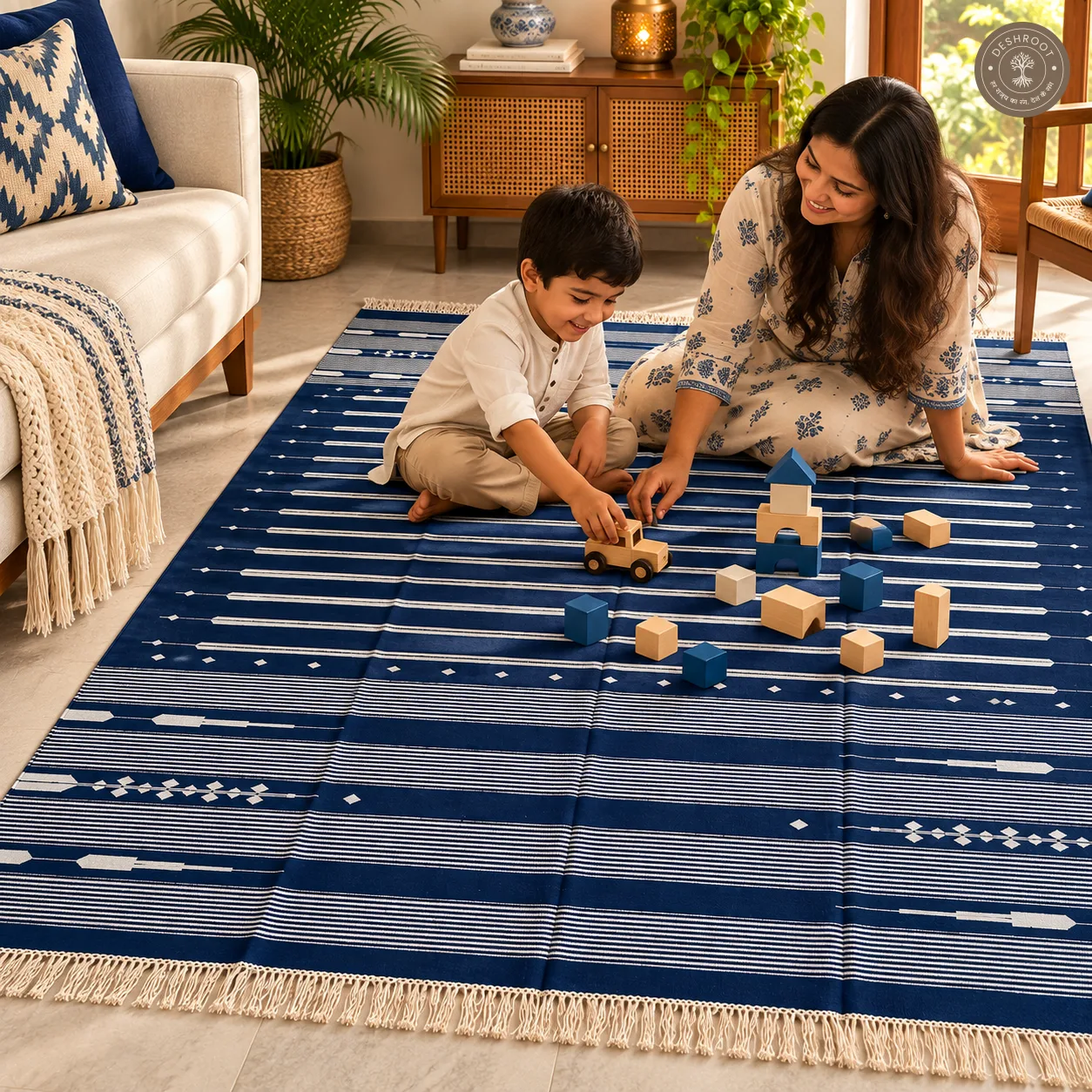 Indigo Geometric Striped Handwoven Durrie