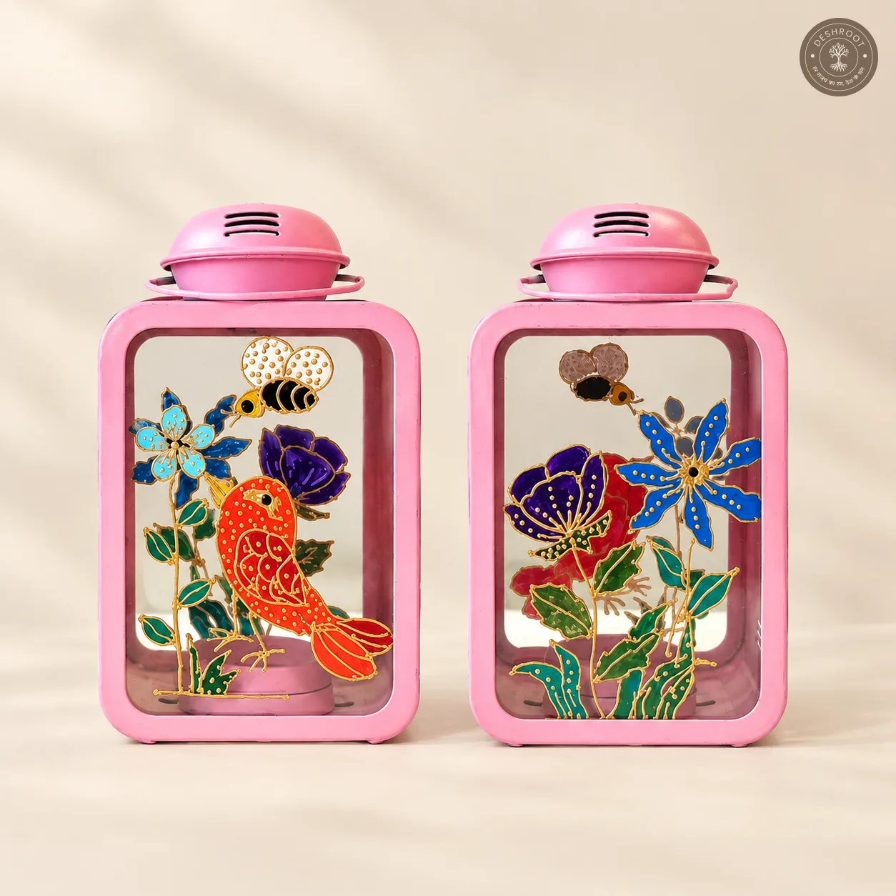Hand Painted Pink Glass Lantern - Floral Botanical Decorative Accent