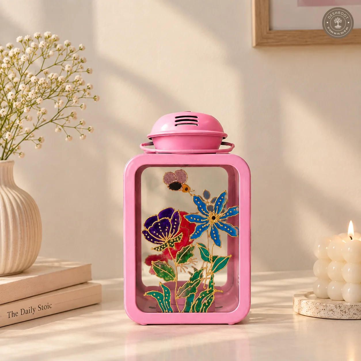 Hand Painted Pink Glass Lantern - Floral Botanical Decorative Accent
