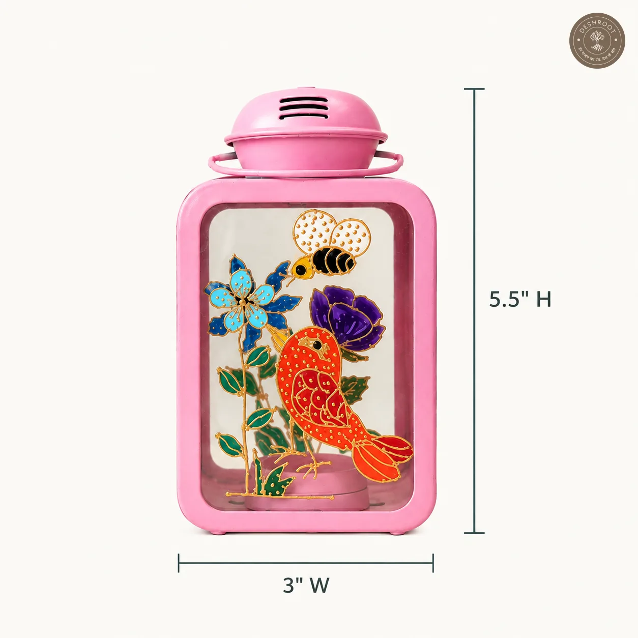 Hand Painted Pink Glass Lantern - Floral Botanical Decorative Accent