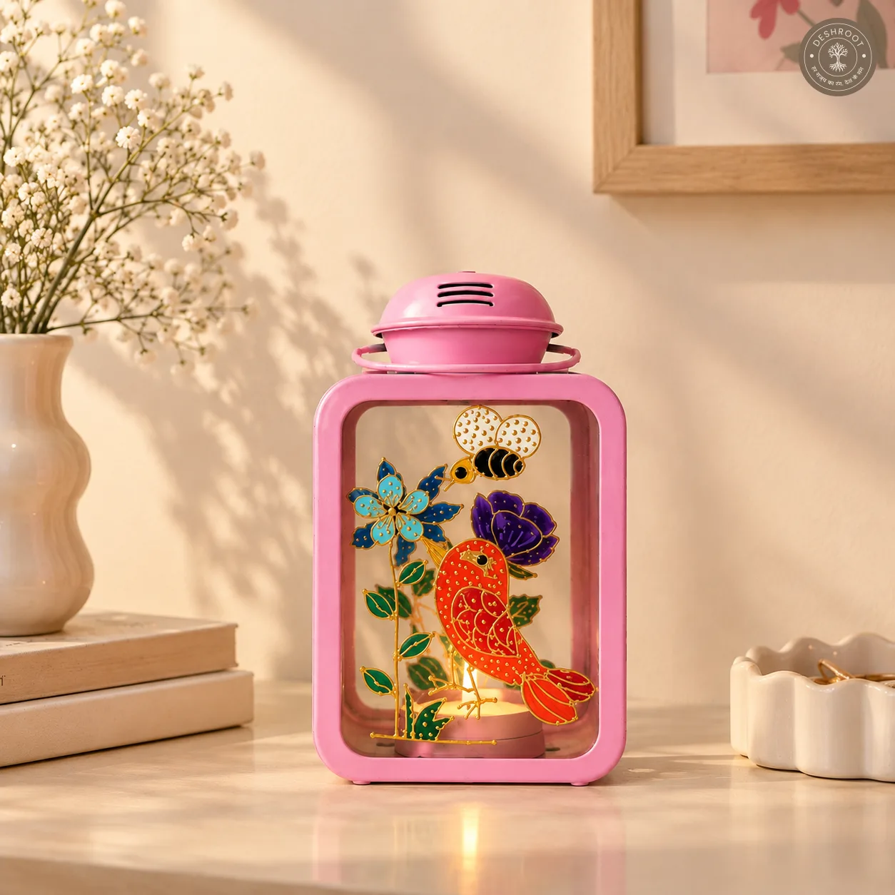 Hand Painted Pink Glass Lantern - Floral Botanical Decorative Accent