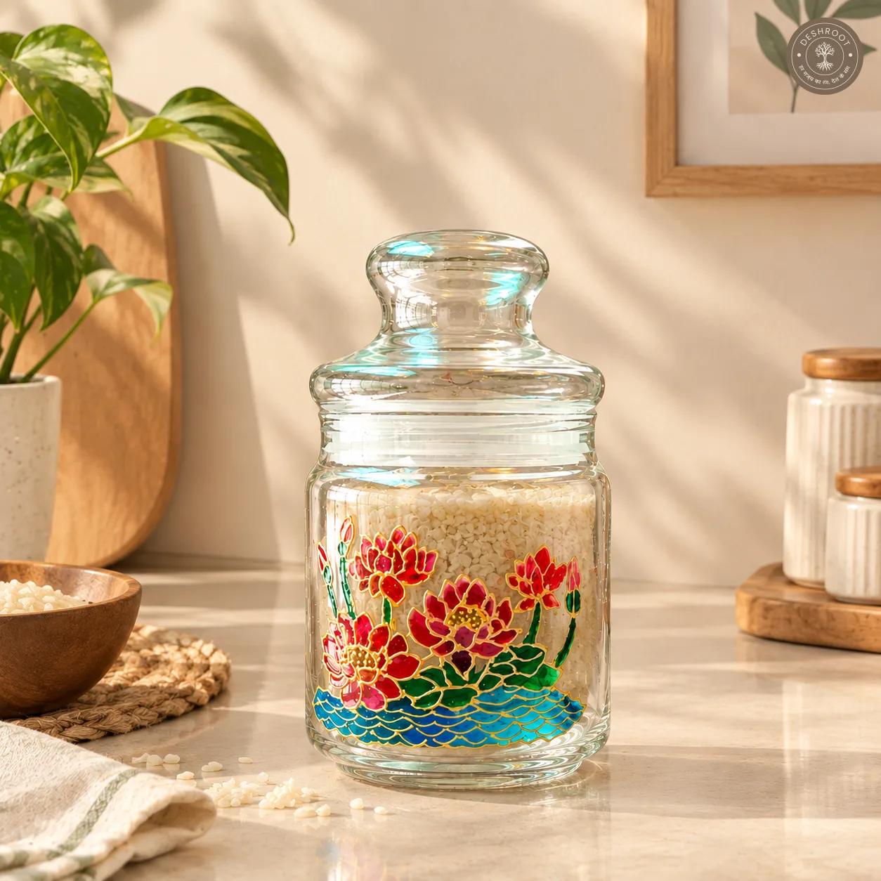 Hand Painted Airtight Glass Jar with Floral Artwork