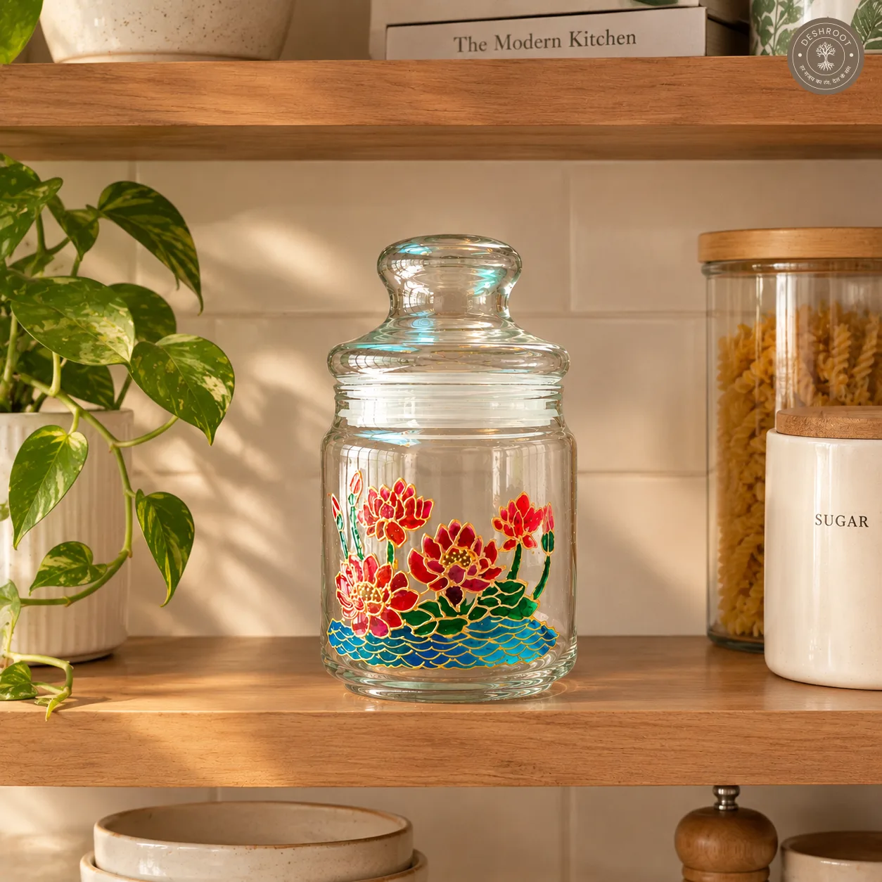 Hand Painted Airtight Glass Jar with Floral Artwork
