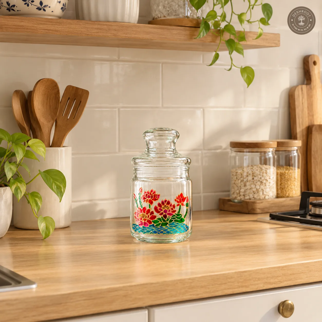 Hand Painted Airtight Glass Jar with Floral Artwork