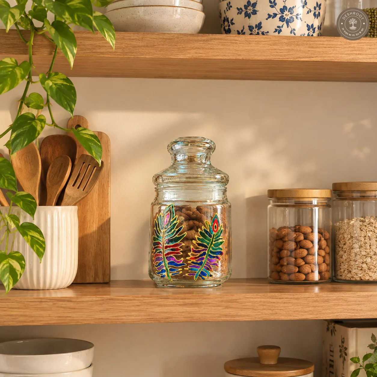 Hand Painted Peacock Feather Glass Jar- Airtight Decorative Storage Jar