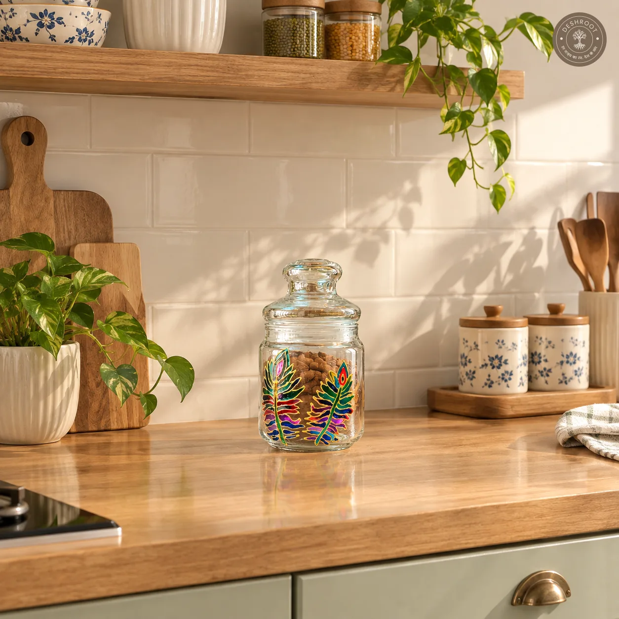 Hand Painted Peacock Feather Glass Jar- Airtight Decorative Storage Jar