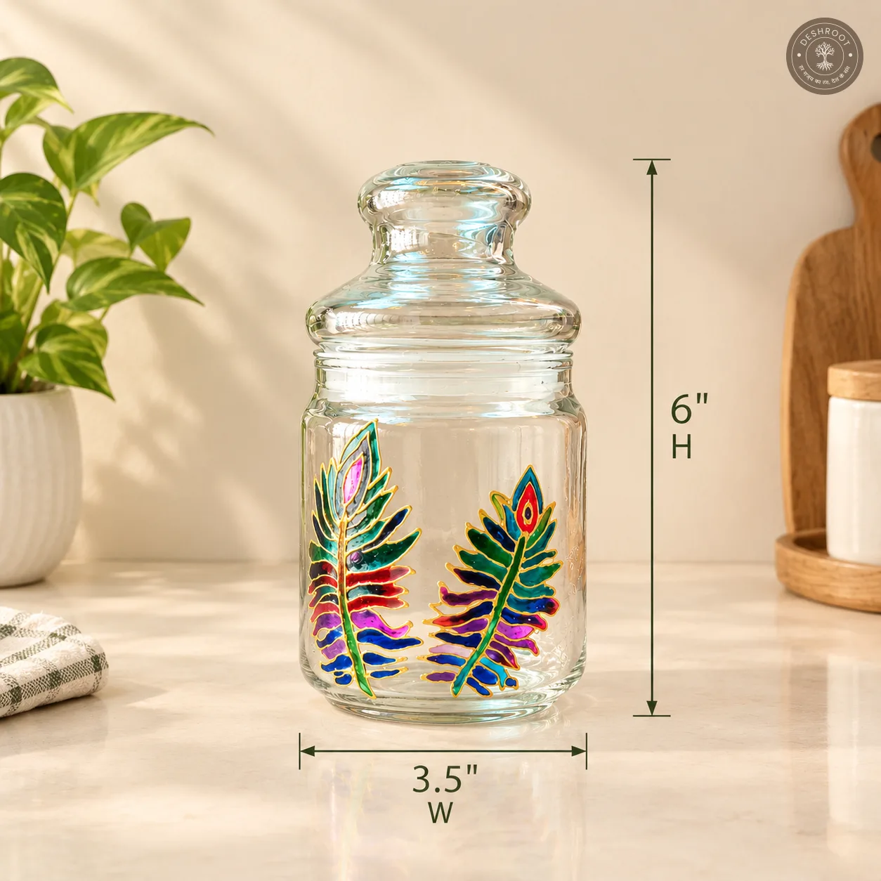 Hand Painted Peacock Feather Glass Jar- Airtight Decorative Storage Jar